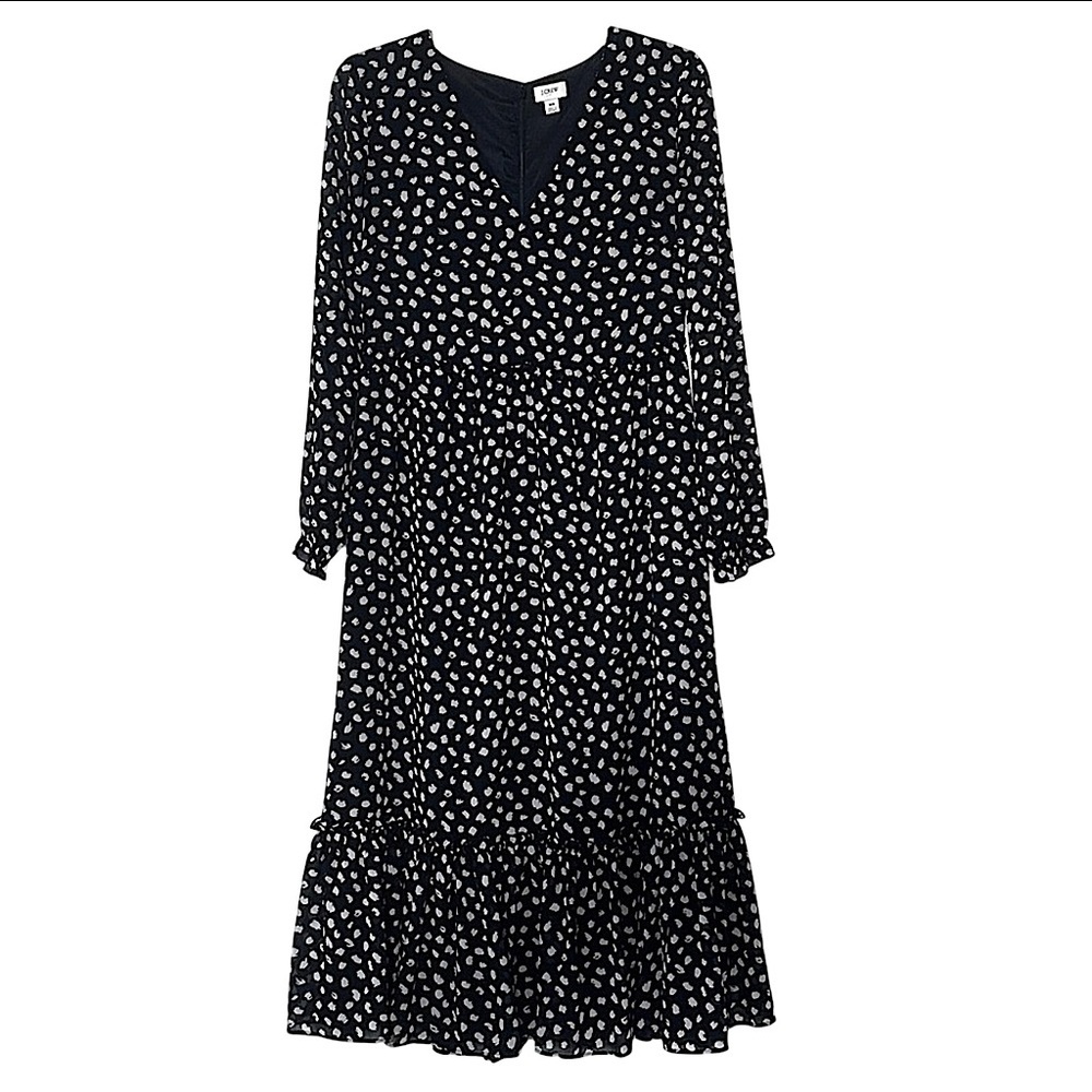 J.Crew Women’s Tiered Ruffle Maxi Dress Black‎ White Long Sleeve Chiffon Cottage